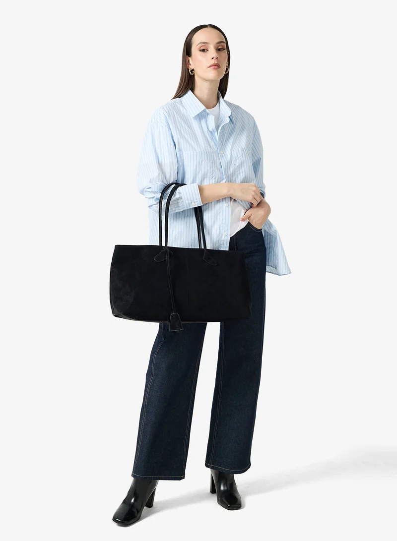 ELLA Black east-to-west suede tote bag with handle and tag detail for Women | Best Price UAE